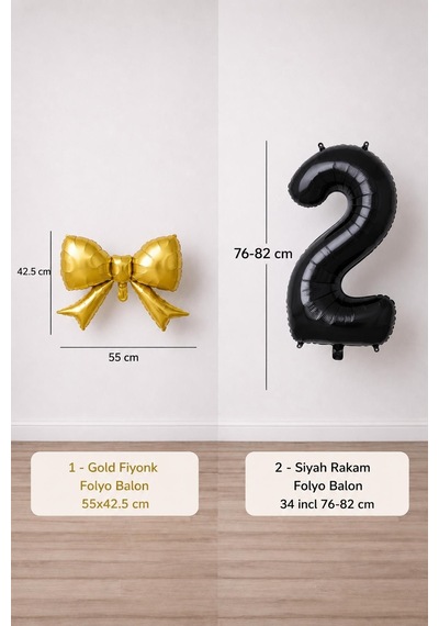 Gold Fiyonk & Siyah 2 Rakam Folyo Balon Seti Gold Siyah