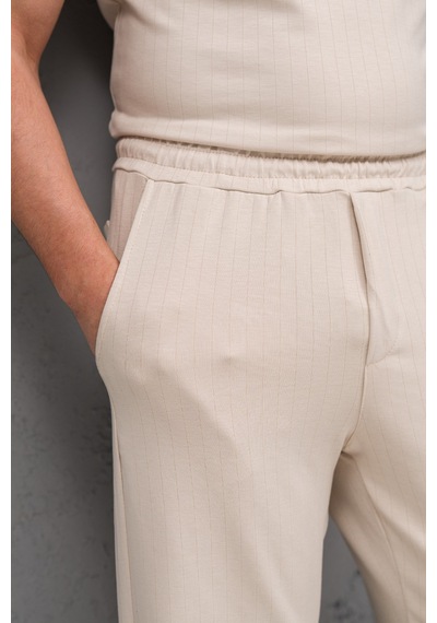 Mass Plus Regular Fit Likralı Kendinden Çizgili Yarım Baggy Pantolonlu T-shirt Takım Krem