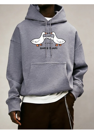 Startmore Tarzsokak Good Bumps Ducks Baskılı Erkekler Sonbahar Kapüşonlular Cep Trendy Tişörtü Rahat Hip Hop Uzun Gri