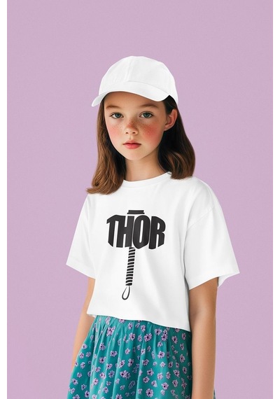 Sevbano Thor Çekiç Baskılı Unisex Avengers Çocuk Tişört 1-12 Yaş Beyaz