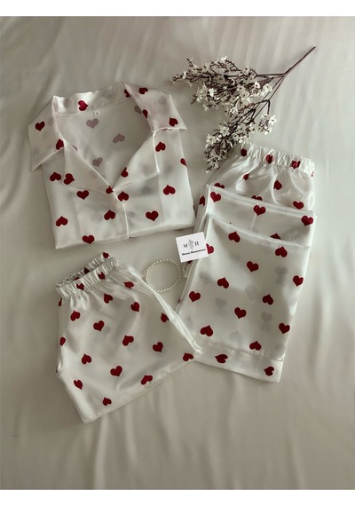 Mh Moony Homewears Hediye 3'lü My Heart Saten Pijama Takımı Krem Ve Kırmızı