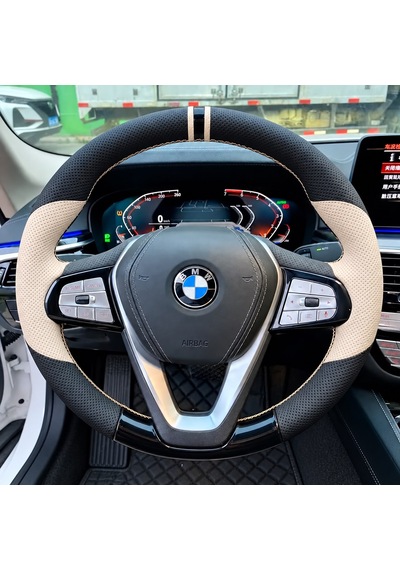 Bmw X4 G02 Dikme Direksiyon Kılıfı Delikli Deri Parlak Siyah Bej Detay Çift Yüzük Ve Dikiş 2018-2024
