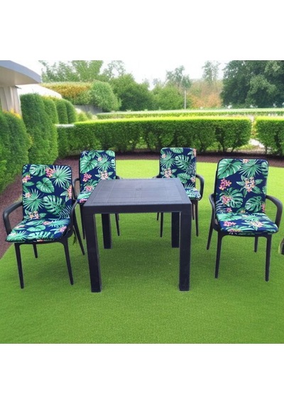 Lüks Arkalıklı Sandalye Minderi 4lü 4cm Süngerli Yeşil Yaprak 42x42 Çok Renkli