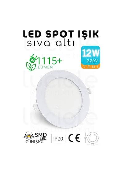 12w Slim Led Spot 3200k Günışığı Işık, 1155 Lümen, Beyaz Kasa, 16.8 Cm, 220v, 15000 Saat Ömür