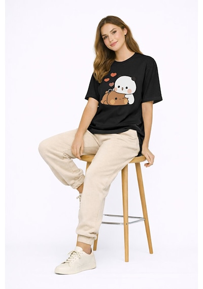 Sevimli Panda Baskılı Sevgili Kombini Çift Tişört Oversize Unisex Siyah
