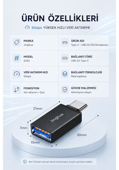 Type-c Usb 3.0 Otg Dönüştürücü Adaptör, 5gbps Hızlı Veri Aktarım Çevirici, Usb Bellek Harici Disk Klavye Mouse Destekli, Telefon Tablet Bilgisayar Uyumlu S342
