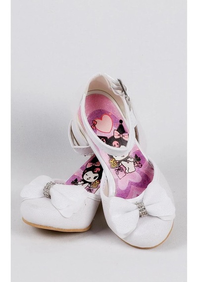 Nese Shoes Kız Çocuk Karakter Baskılı Topuklu Ayakkabı, Simli Fiyonklu Abiye Ayakkabı Ekru