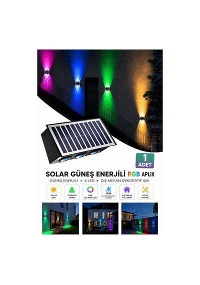Güneş Enerjili Rgb Solar Aplik 6 Led, Renkli Işıklı Otomatik Yanan Dış Mekan Duvar Lambası, Bahçe Balkon Teras Aydınlatması Diğer