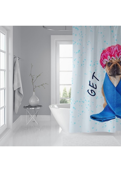 Banyo Duş Perdesi Sevimli Köpek Desen Dijital Baskılı Banyo Perdesi, Tek Kanat C Halkalı-180x200 Cm Çok Renkli
