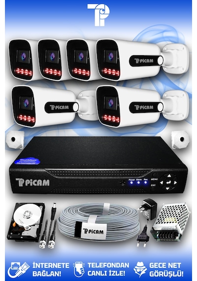 Picam 6 Kameralı Zebra 6 Dış Kamera Set 250 Gb 5 Mp 2k Net Gece Görüşlü Güvenlik Kamerası Sistemi
