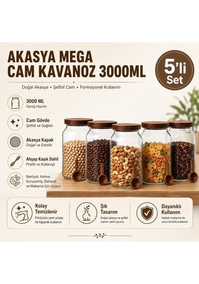 Akasya Mega 5'li Cam Kavanoz Seti 3000 Ml, Akasya Kapaklı Büyük Saklama Kavanozu, Ahşap Kaşıklı Cam Kavanoz, Bakl Diğer