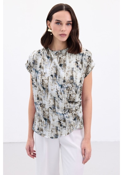 Sateen Pileli Kolsuz Bluz - İndigo-136862 İndigo