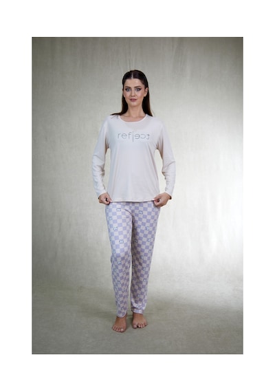 Estiva Kadın Kareli Alt Desenli Soft Uzun Kollu Pijama Takımı Bej