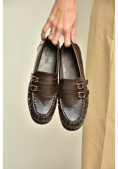 Fox Shoes Z820024208 Kahverengi Rugan Büzgü Detaylı Çift Tokalı Loafer Ayakkabı