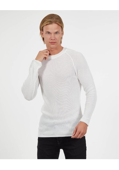 Slim Fit Örme Pamuk Triko Kazak Tüylenmez Şık Dar Kesim Bisiklet Yaka Kazak Ekru