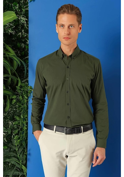 Efor Slim Fit Düğmeli Yaka Pamuklu Klasik Haki Gömlek Gk 715 Haki