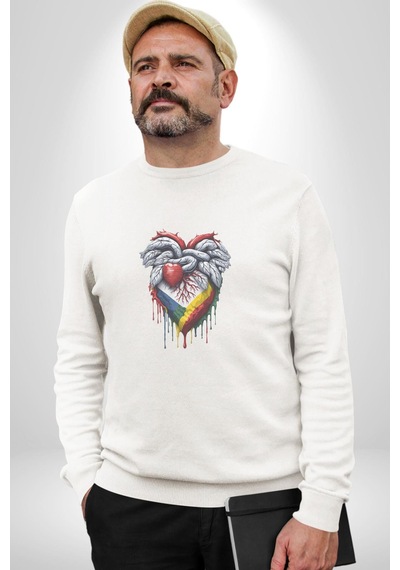 Kalp Damar Renkli Boyalı Unisex Beyaz Baskılı Sweatshirt Beyaz