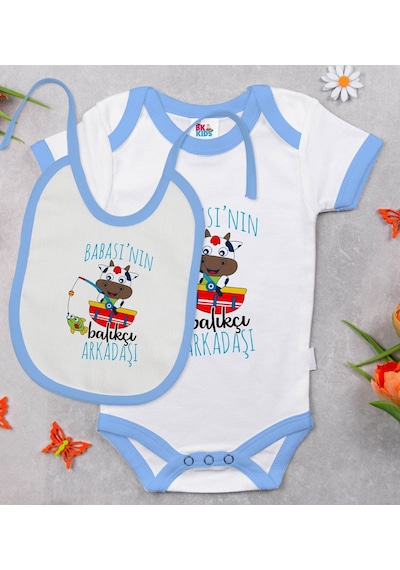 Bk Kids Babasının Balıkçı Arkadaşı Tasarımlı Mavi Bebek Body Zıbı Çok Renkli