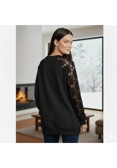Afri Siyah Dantel Detaylı Sweatshirt Şık Ve Rahat Günlük Kadın Üst Yumuşak Kumaş Siyah