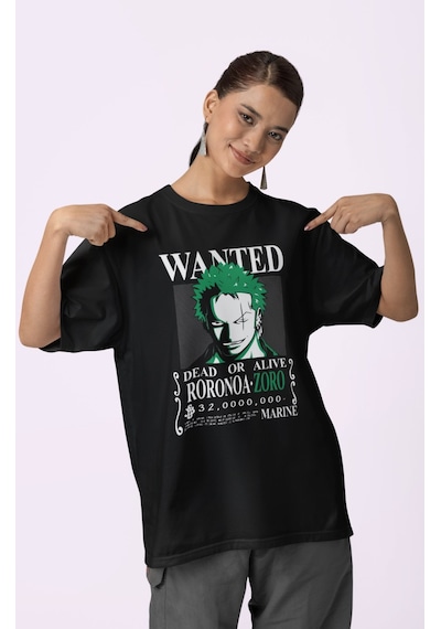 Wanted Dead Or Alive Roronoa Zoro Baskılı Unisex Oversize One Pie Siyah