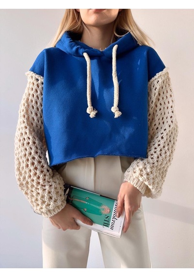 Mamayaga Kadın Kolları Triko Tasarım 3 İplik Uzun Kol Pamuk Crop Boy Şık Sweatshirt Mavi