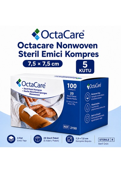 Octacare Nonwoven Steril Emici Kompres 7,5 7,5cm Kutulu 5 Kutu
