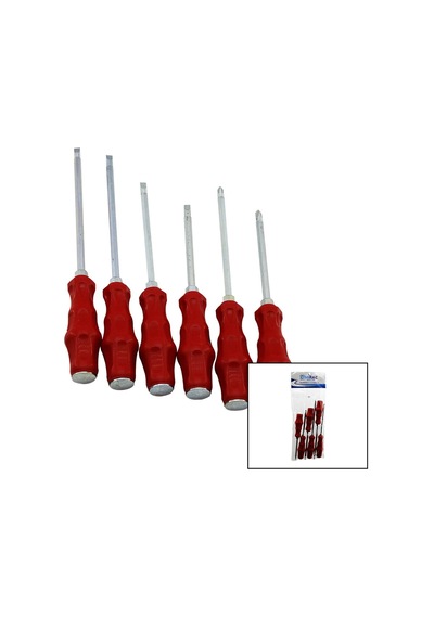 Pvc Ambalaj Kırmızı - Plastik Saplı Darbeli 6lı Set Çift Taraflı Tornavida Takımı 5545