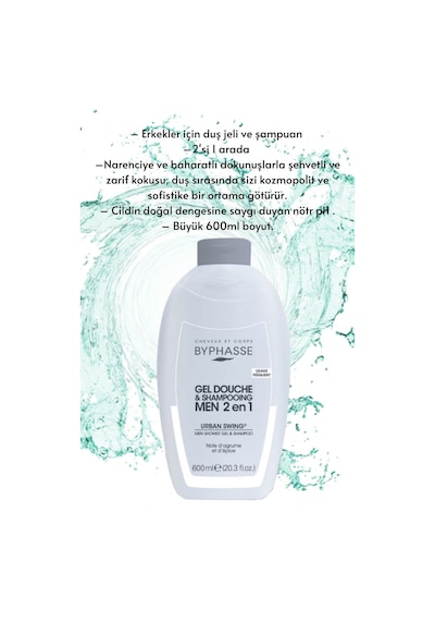 Byphasse Erkekler İçin 2 İn 1 Duş Jeli & Şampuan Urban Swing For Men 600 ML