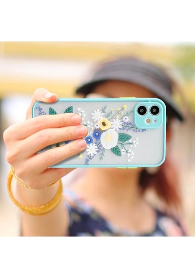 Apple iPhone Uyumlu iPhone 12 6.1inç Kamera Korumalı Çiçek Desenli Silikon Kılıf- 5775 Mavi
