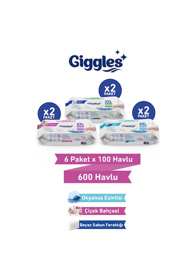 Giggles Xxl İz Bırakmayan Yüzey Temizlik Havlusu - Beyaz Sabun-çiçek Bahçesi-okyanus Esintisi 600 Havlu Beyaz