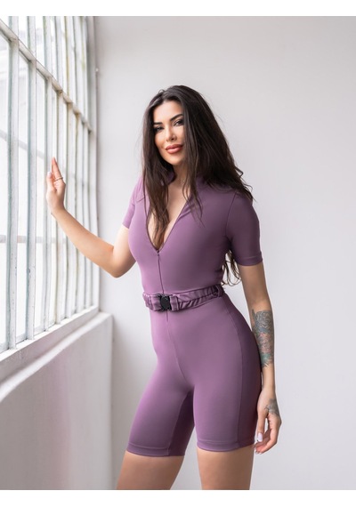 Lismina Kısa Kollu Kemerli Midi Boy Şort Tayt Tulum Eflatun