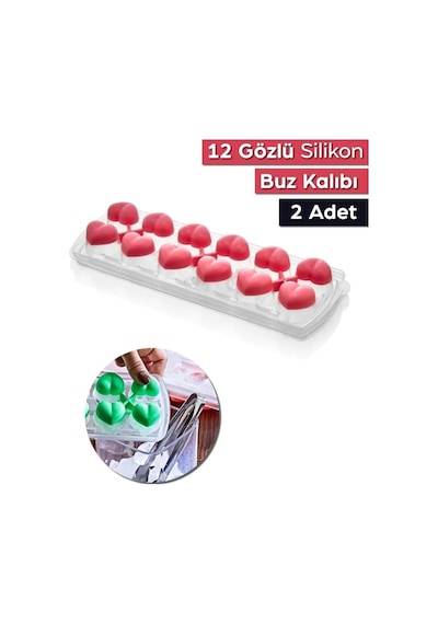2 Adet 12 Gözlü Kalpli Silikon Kalpli Buzluk Kalıbı Kapaklı