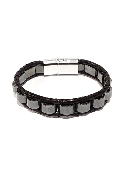 Steel Block Hakiki Deri Erkek Bileklik Çelik Detaylı Modern Tasarım-50-544 Antrasit