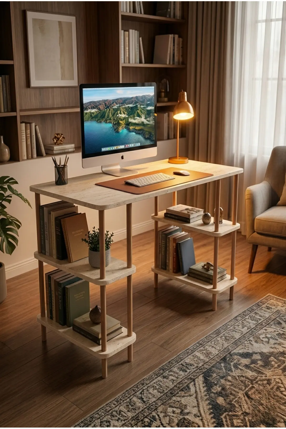 Kitaplıklı Bilgisayar Masası Raflı Geniş Çalışma Masası Modern Dekoratif Ofis Mobilyası Traverten Kitaplıklı Bilgisayar Masası Raflı Geniş Çalışma Masası Modern Dekoratif Ofis Mobilyası Traverten