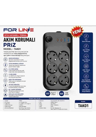 Forline Tak01 6'lı 2mt 2type-c+2usb Çıkışlı Akım Korumalı Grup Priz 2 M