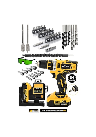 Assur Profesyonel 12v Çift Akülü 12 Köşe 360 Lazer Hizalama & Akülü Vidalama Set-1656