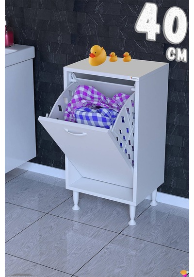 Söke 40 Cm 1 Gözlü Kirli Çamaşır Sepetli Çok Amaçlı Banyo Dolabı Beyaz