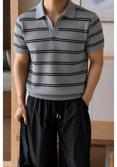 Tarz Cool Erkek Çizgili Polo Yaka Viskon Triko Tişört Slim Fit Yazlık Şık Triko Polo Gri