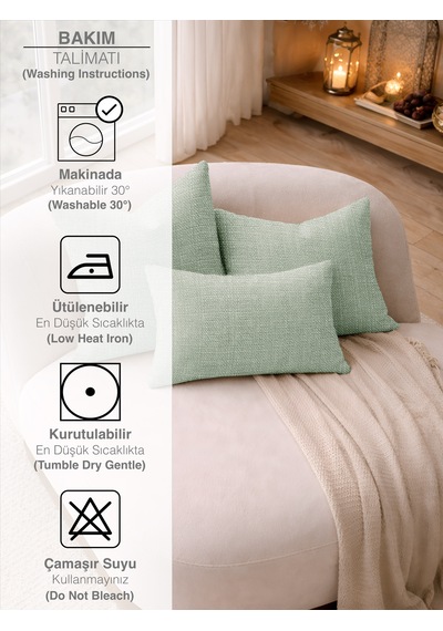 Br Perle Yeşil Keten Dokulu Dekoratif Kırlent Kılıfı Modern Salon Koltuk Yastığı