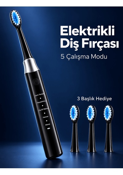 3 Yedek Başlık Hediyeli Usb Şarjlı Siyah Elektrikli Diş Fırçası Diğer