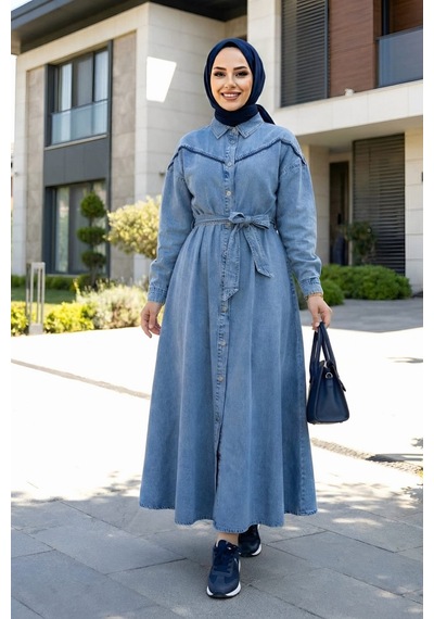 Hb Harma Time Butik Kadın Düğmeli Kuşaklı Kot Mavi Tesettür Elbise
