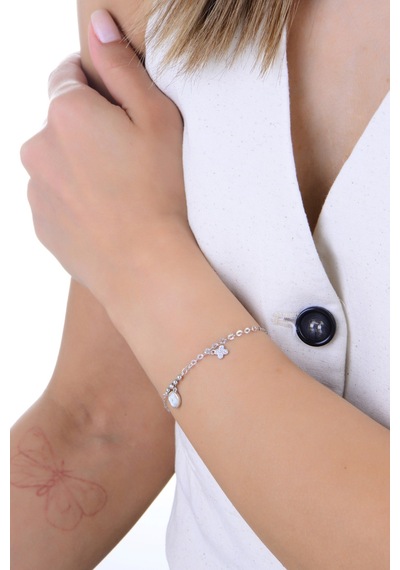 Gümüş Rodyumlu Zirkon Ve Sedef Taşlı Top Detaylı Sallantılı Yonca Bileklik Barcode Gümüş