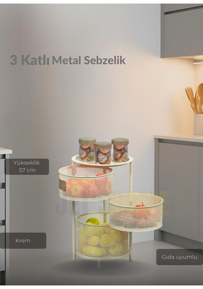 3 Katlı Sebzelik Açılır Metal Patates Soğan Sepeti Paslanmaz Meyvelik Organizer Sepet Krem Krem
