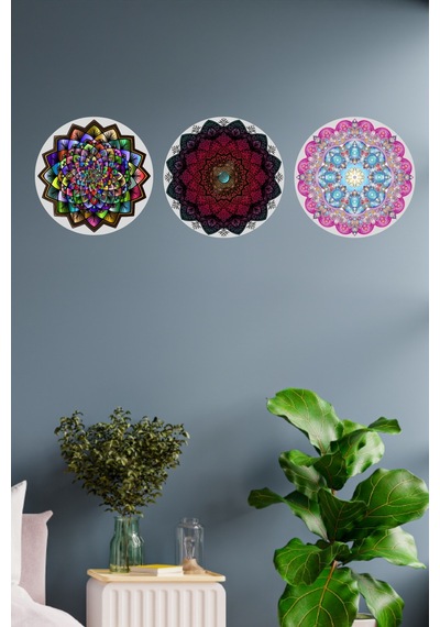 Mandala Desenli 3'lü Ahşap Tablo Modeli, Ev, Oturma Odası, Salon, Ofis Şık Duvar Dekorasyonu