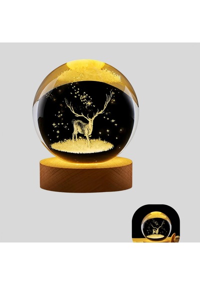 Usb Bağlantılı Geyik Temalı Kristal Küre Premium Masa Gece Lambası Renkli