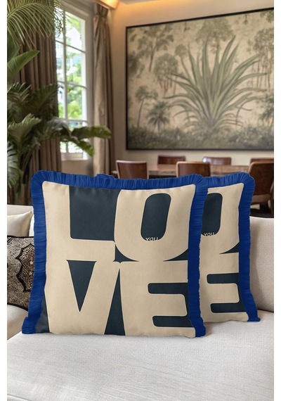 Love Modern Lüx Saçaklı Yastık Kılıfı-navy Geometrik Mavi Bej Kombinasyonlu Püsküllü Kırlent Kılıfı Çok Renkli