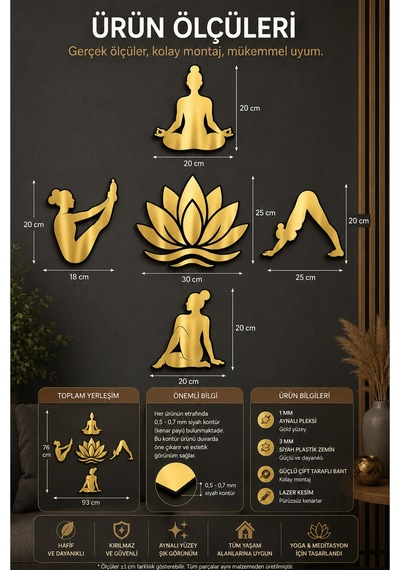 Huzur Serisi Premium Yoga & Lotus Aynalı Pleksi Duvar Dekoru 5 Parça Gold Zen Tasarım Altın