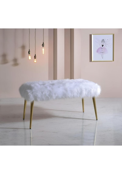 Ahşap Ayaklı Handmade Geniş Oturum Alanlı Krem Peluş Kumaş Pofidik Puf Bench ,ayak Ucu Uzatmalık Beyaz