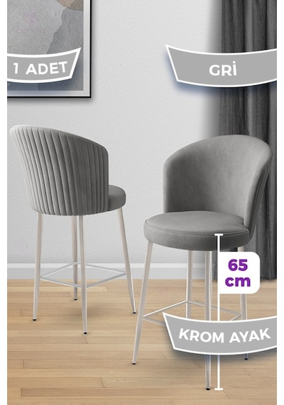 Canisa Alte Serisi 1 Adet Babyface Kumaş 65 Cm Krom Kaplama Ayaklı Gri Bar Sandalyesi Gri Sandalye Krom Kaplama Ayak