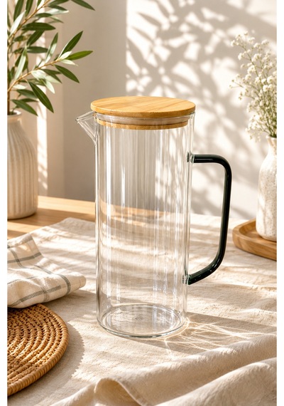 Lime - Çizgili Borosilikat Cam Sürahi 1,4 L Bambu Kapaklı Şeffaf Su Ve Meşrubat Sürahisi